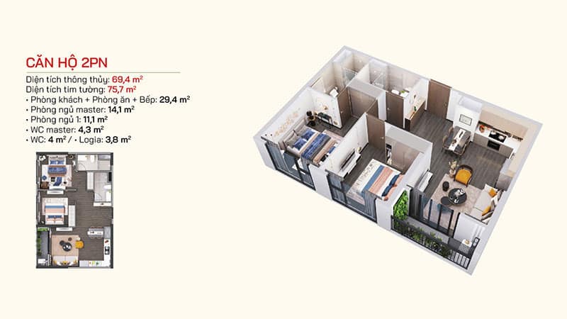 căn hộ 2 phòng ngủ Lumiere Bayfront